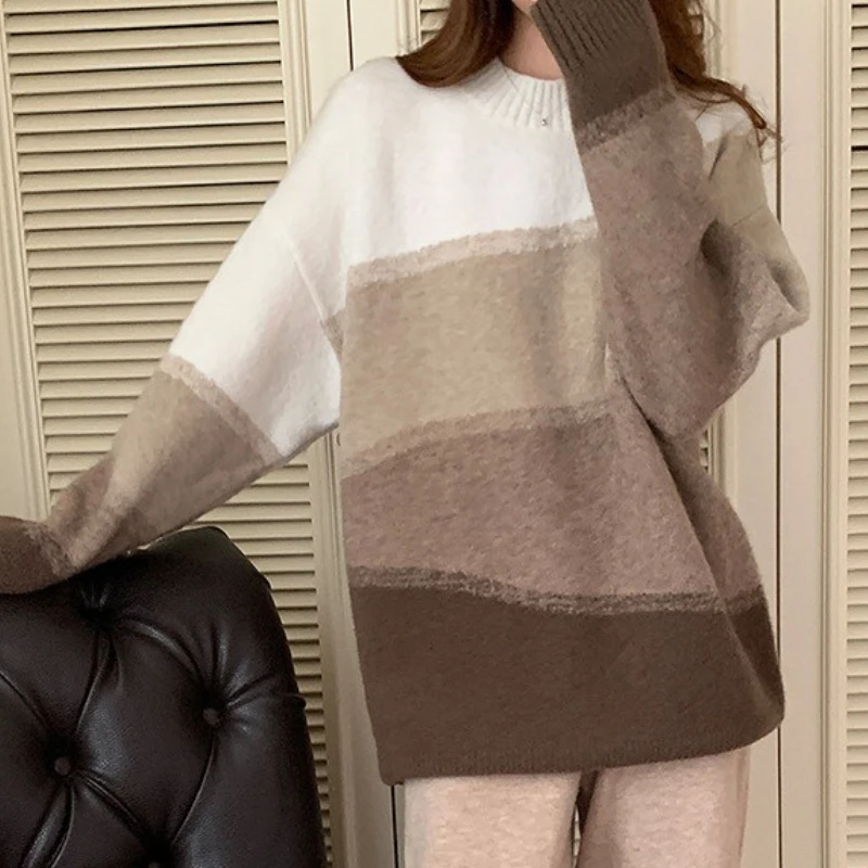 

Winter Warm Women Long Sleeve O-neck Loose Pullover Sweater Autumn Casual Elegant Gradient Color Knitted Top
