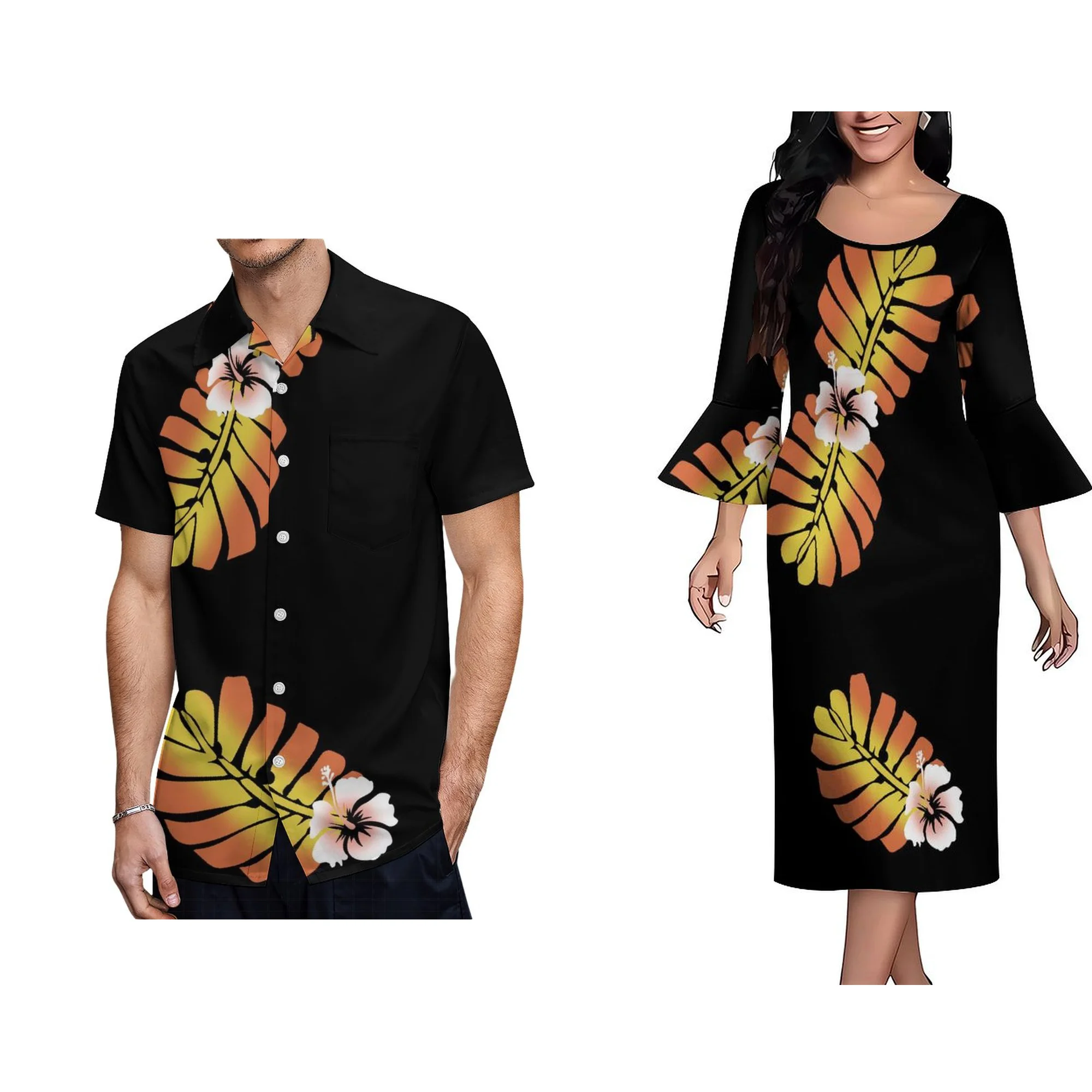New Island Style Polynesian Dress Women Elegant Crew Neck 3/4 Flare Sleeve Dress Custom Autumn Plus Size Womens Clothing