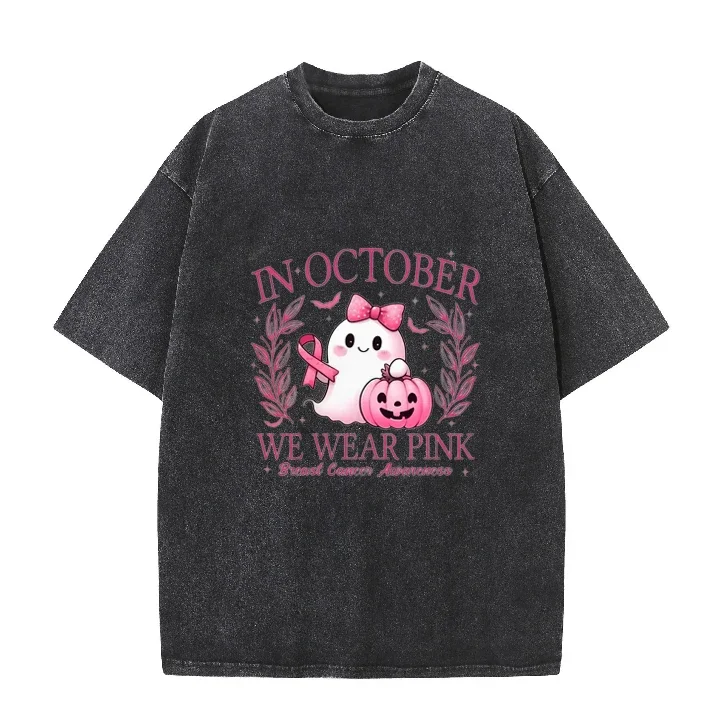 In October We Wear Pink Breast Cancer Awareness T-shirt Cute Ghost Pumpkin Vintage Washed Tee