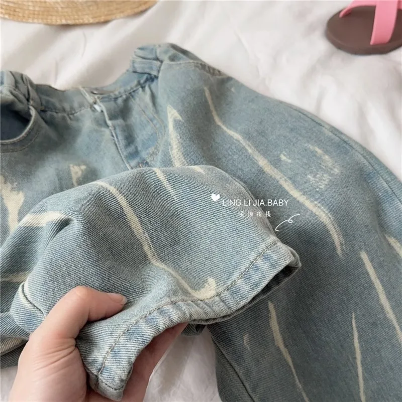 2024 Infant Girls Spring Autumn Jeans Cotton Denim Tie-dyed Loose Pants Button Zipper Waist Vintage Children Girls Pants