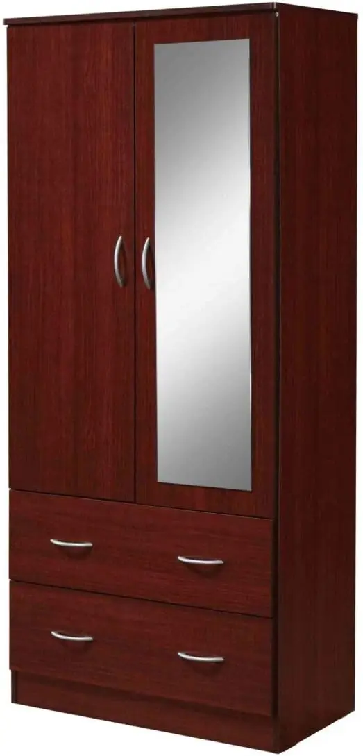 2  Wood Wardrobe Bedroom Closet with Clothing Rod inside Cabinet, 2 Drawers for Storage and Mirror, Mahogany