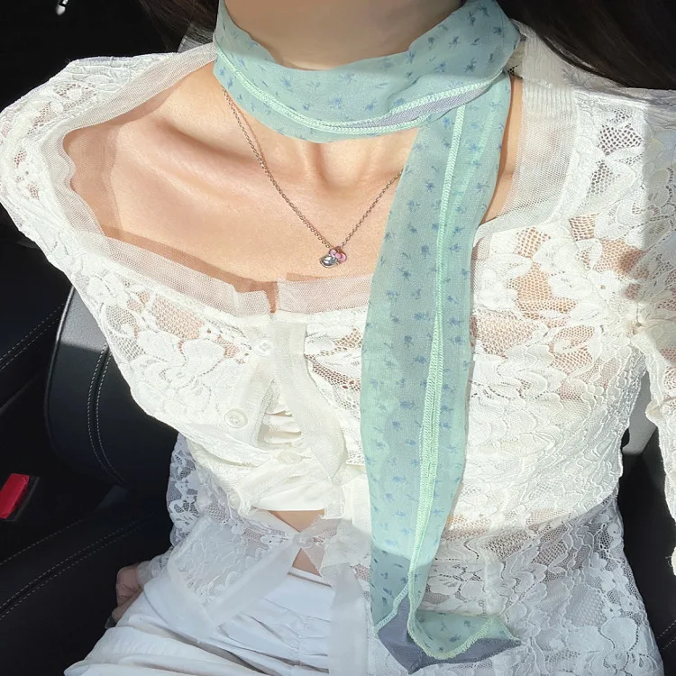 Women's Chiffon Scarf Mint Green Tone Korean Style Skinny Scarf Summer Light Scarf Breathable Aesthetic Neck Accessory Gift