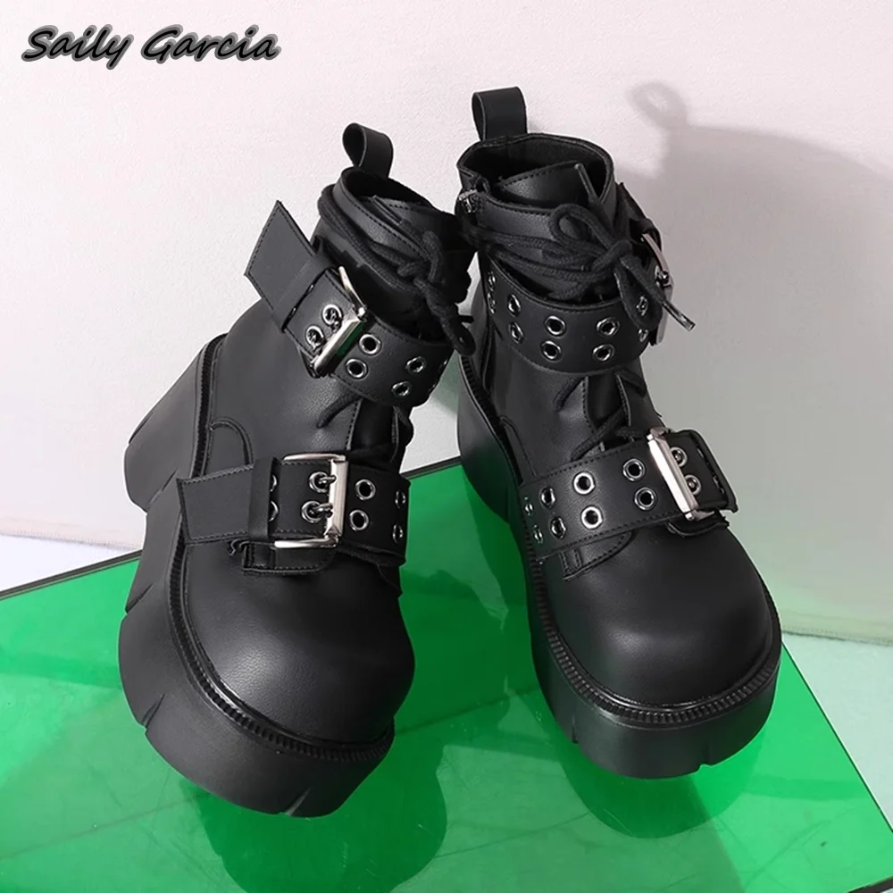 Genuine Leather Belt Buckle Strap Side Zipper Modren Boots 2024 New Fashion INS Punk Style Casual Shoes Round Toe Platform Shoes