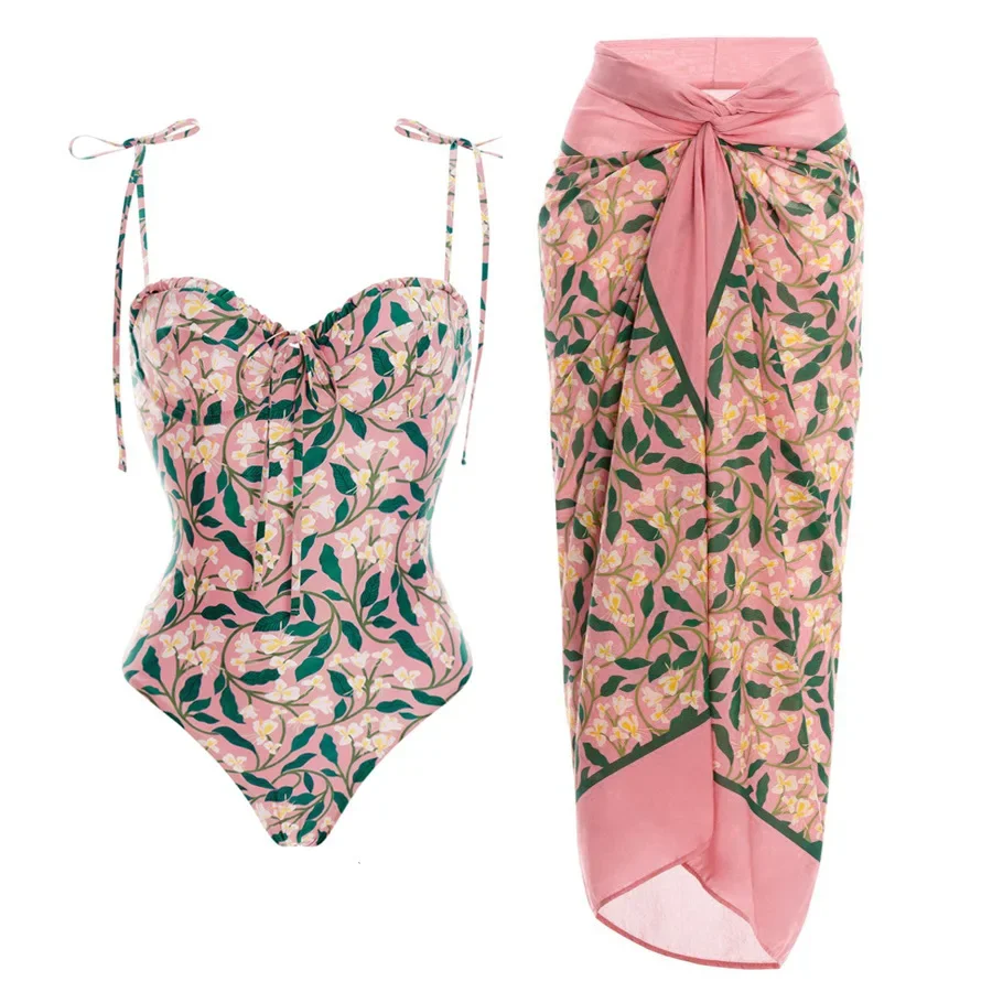 Conjunto de Bikini de vendaje con volantes para mujer, traje de baño Floral con sujetador acolchado de realce, falda de playa de gasa, ropa de playa