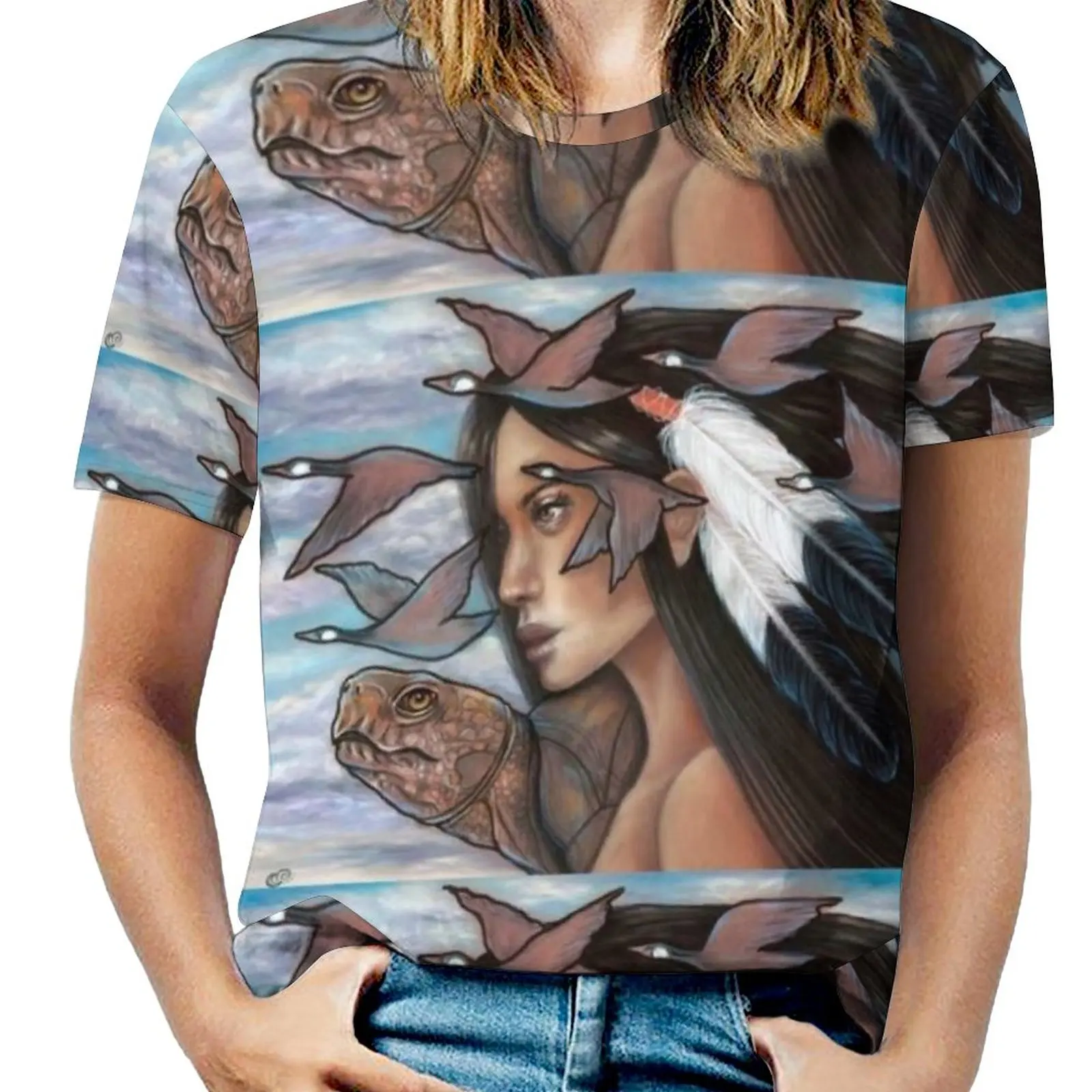 Sky Woman Iroquois Mother Goddess Woman'S T-Shirt Spring And Summer Printed T Shirts Crew Neck Pullover Top Pagan Turtle Geese