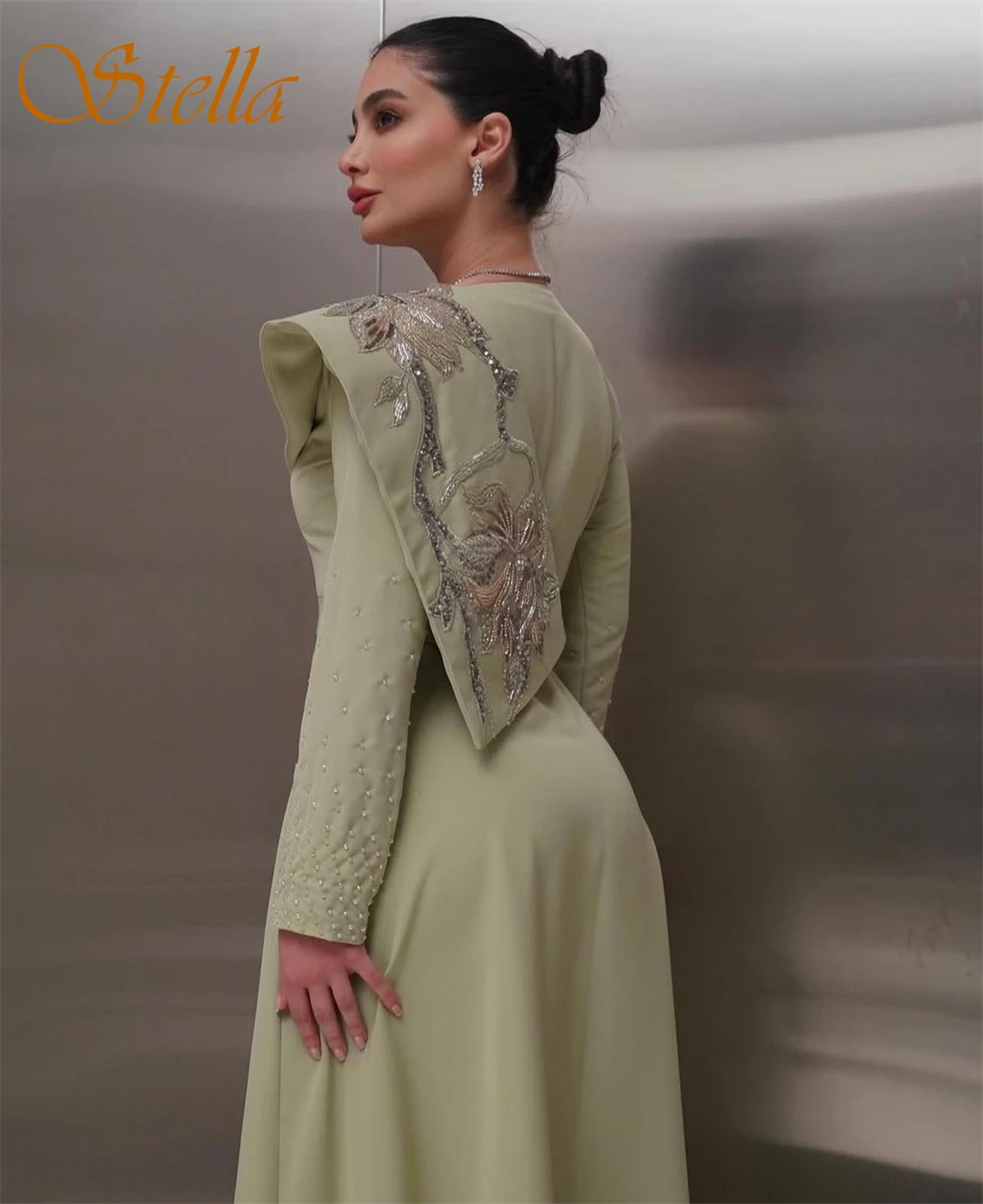 

Customized Exquisite Crew Neck Cap Sleeve Long Sleeves Evening Dress High Quality Jersey Prom Dresses Delicate Party Gowns