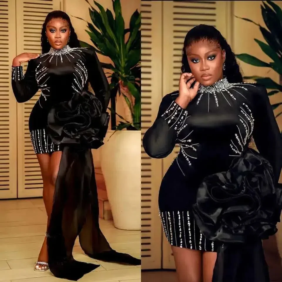 

Customized Black Sexy Short Crystal Beaded High Neck Prom Dress Fashion Mini Mermaid Pleated Flowers Formal Party Evening Dress