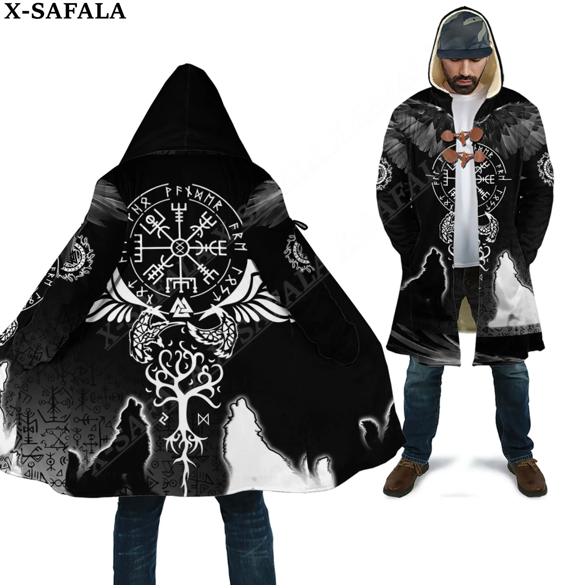 Tattoo Symbol Viking Odin Dragon Wolf Bear Raven Overcoat Coat 3D Print Thick Warm Hooded Cloak  Men Windproof Fleece Unisex-9