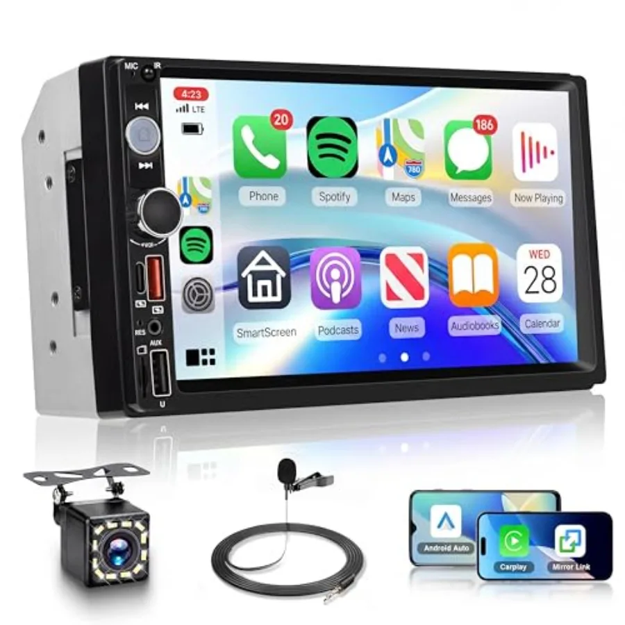 

7 Inch Double Din Car Stereo, Wireless CarPlay Android Auto, 2 Din Touch Screen Radio, Bluetooth Stereo, AHD Backup Camera, Mir