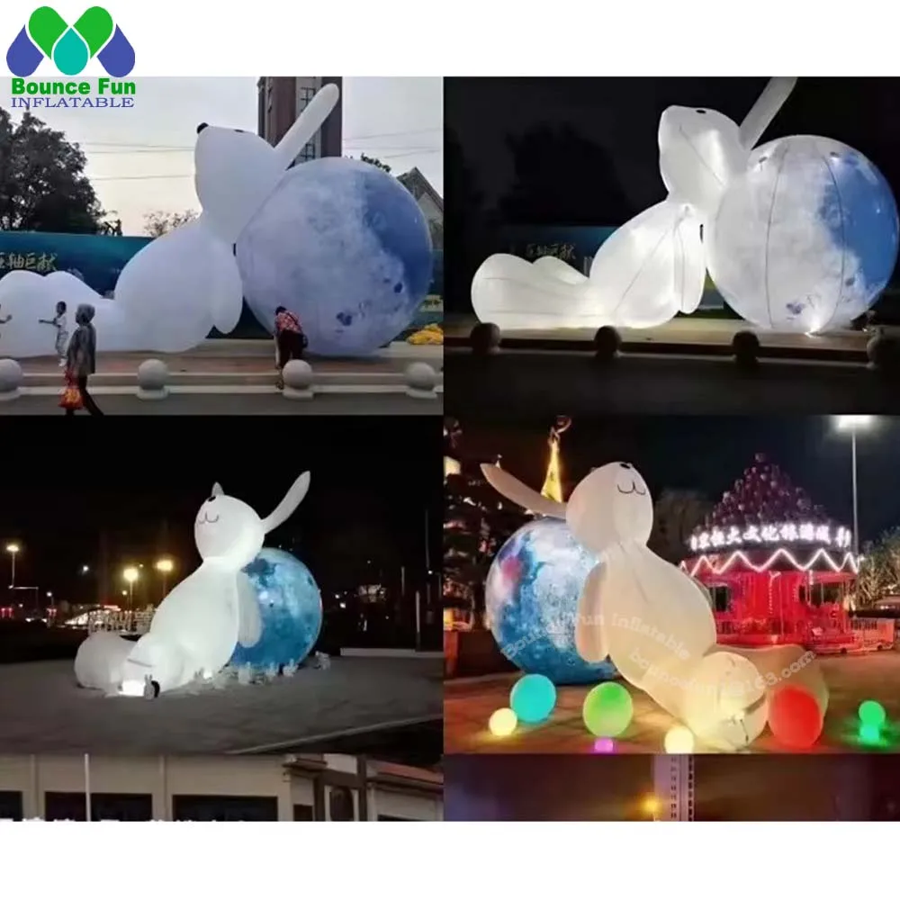 Conejo inflable tumbado blanco con bola de Luna y luces LED, globo gigante de conejo de Pascua para decoración de Festival de medio otoño