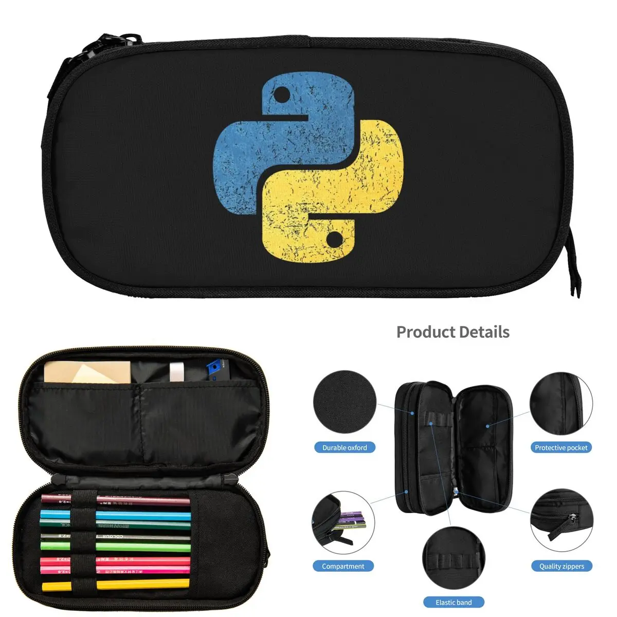 خمر بيثون الكلاسيكية تي شيرت مقلمة للطلاب مدرسة صندوق القلم حقيبة أقلام رصاص تخزين كبير قلم رصاص الحقيبة لوازم مكتبية