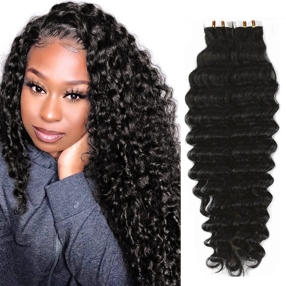 

Deep Wave Human Hair Tape In Hair Extensions Skin Weft Remy Hair 100% Human Hair 20PCS 50G Brazilian Deep Curly Hair For Woman