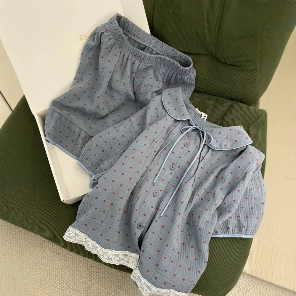 

French Style Dot Sweet Pajamas Set O Neck Loose Short Sleeve Nightwear Home Wear Suit Lace Ruffle 2 Pieces Sleepwear Sleep