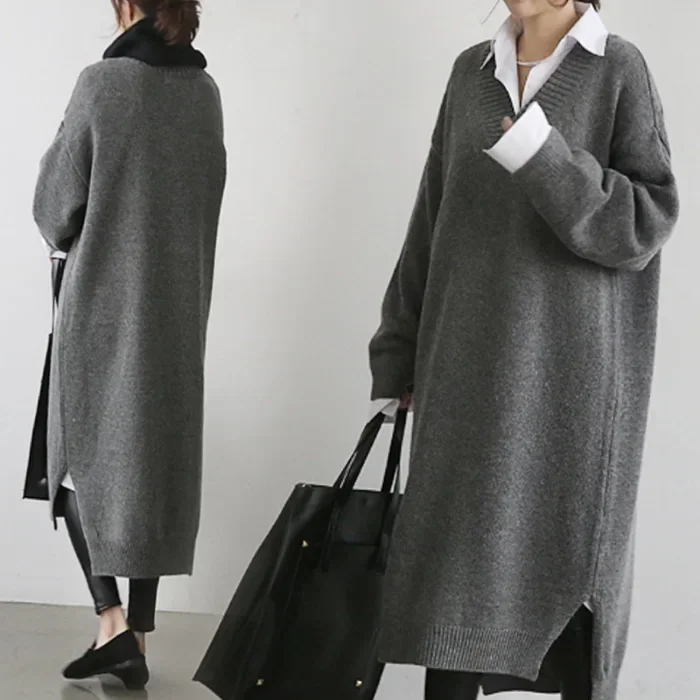 Los Gebreide V-hals Trui Jurk Knielange Onderkant Overhemd Over-Knie Lange Rok Grijze Kleur Vroege Herfst Nieuwe Stijl Koreaanse Fashio