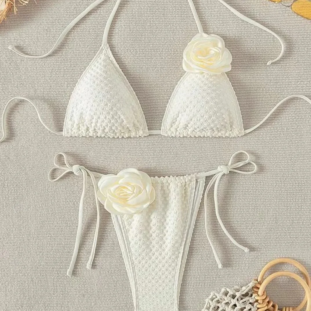 

sexy 3D flower white rose micro mini bikinis sets triangle two pieces padded thong swimwear female bathing suit biquini