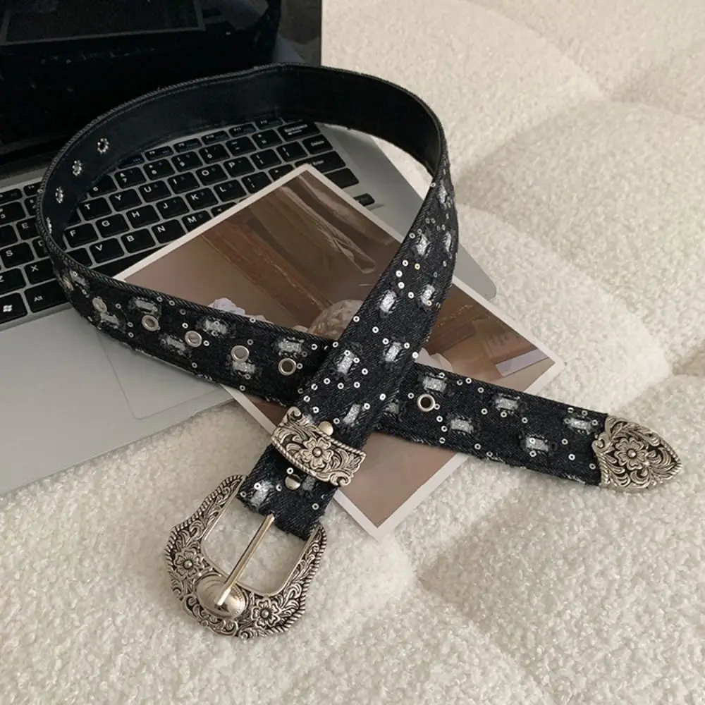 Fashion Korean Style Sequin Belt Harajuku Y2k Metal Buckle Belt Aesthetic Ripped Denim Wide Belt Women