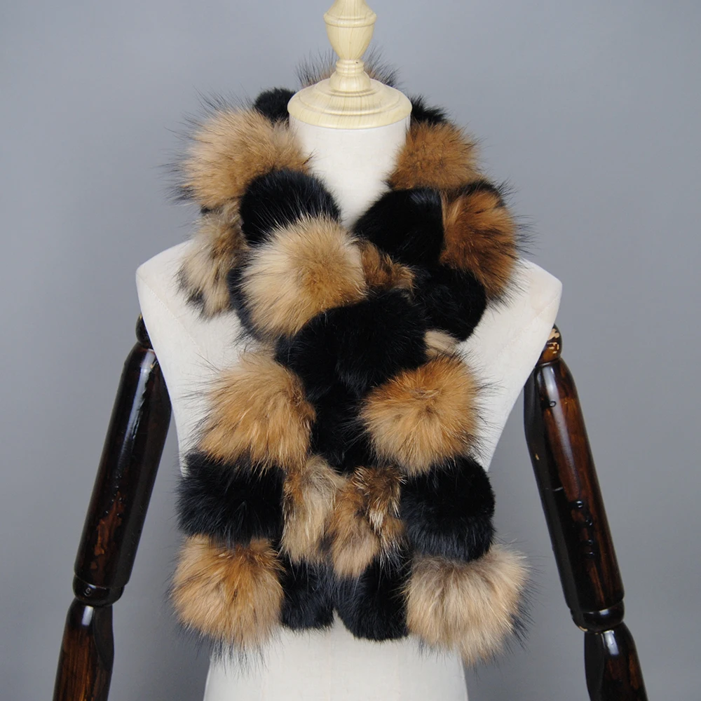 2024 Women Knitted Rex Rabbit Fur Scarves With Raccoon Fur Strips Real Raccoon Fur Mufflers Winter Warm Fur Wraps Elastic Rings