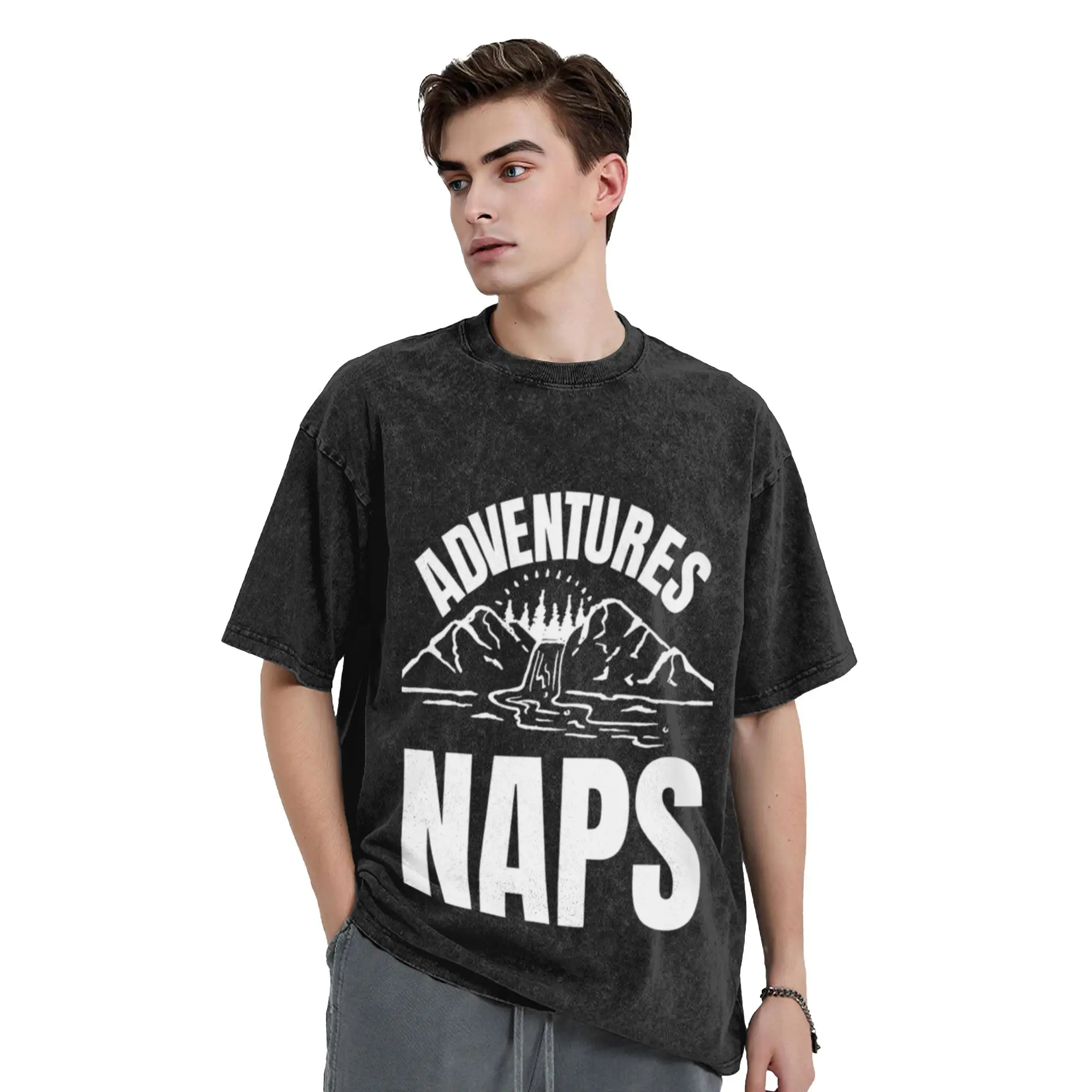 Adventures and Naps Inspirational Typography Design for Relaxed Explorers A Washed T Shirt Men's Oversized Cotton Tees Tops