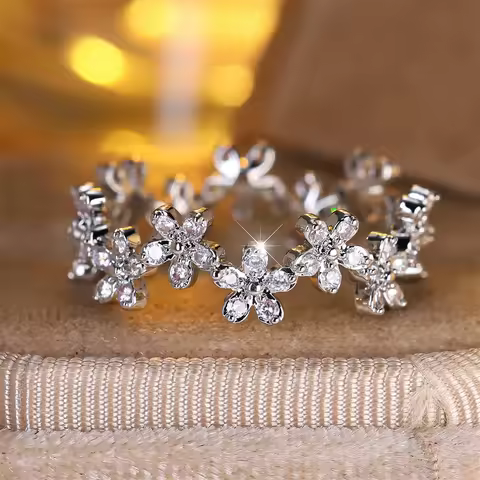 White Zircon Cute Small Flower Trendy Plumeria Rings For Women Vintage Silver Color Ring Wedding Band Jewelry Mother's Day Gifts