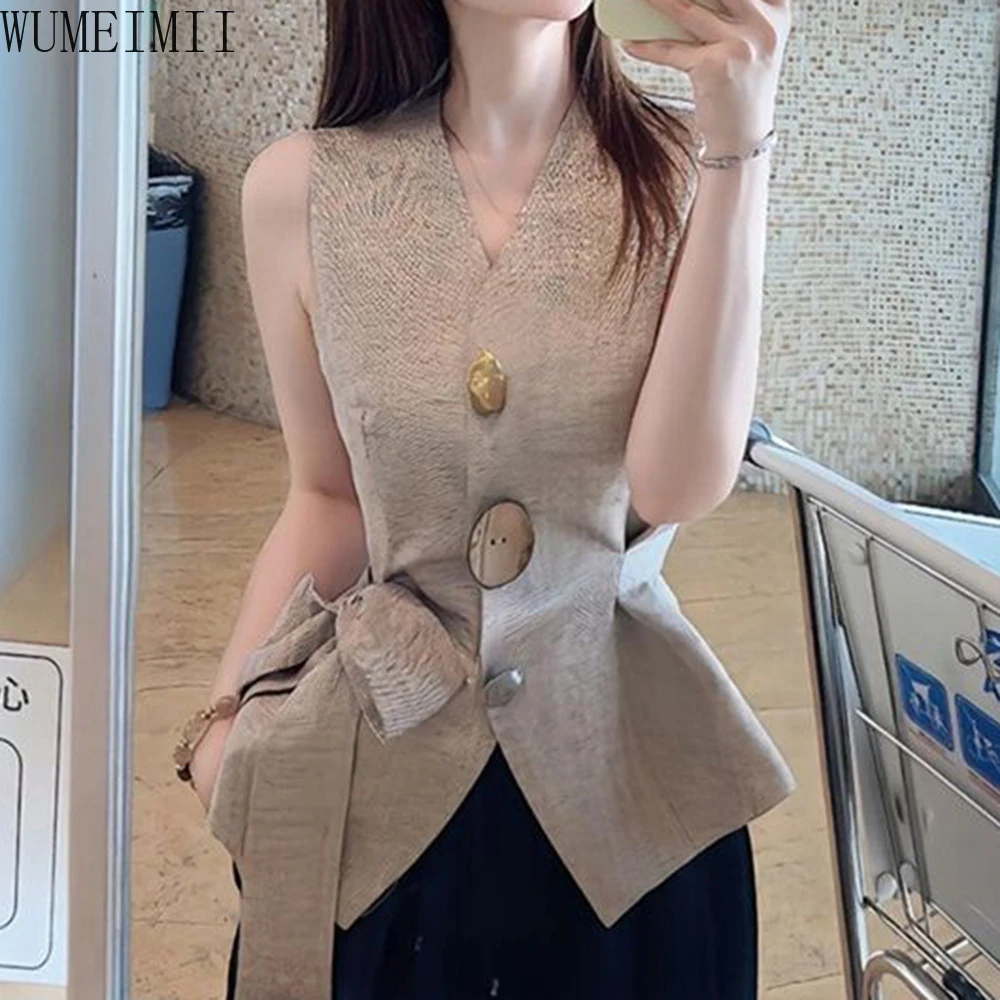 French light luxury old money style V-neck strap waist pinched sleeveless vest women's summer new waist thin top