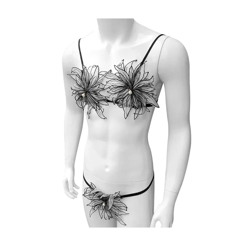 

Sexy Sissy Lingerie Set Floral Lace Underwear Men Bra Panties Crossdress with Thong Sheer Exrotic Suit Sleepwear Nightwear