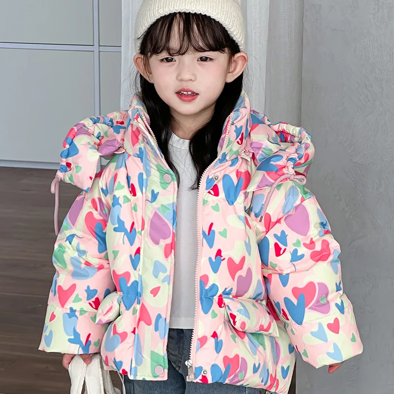 

Girls New Winter Cute Colorful Love Heart Printed White Duck Down Jacket Children Warm Hooded Down Coat g152