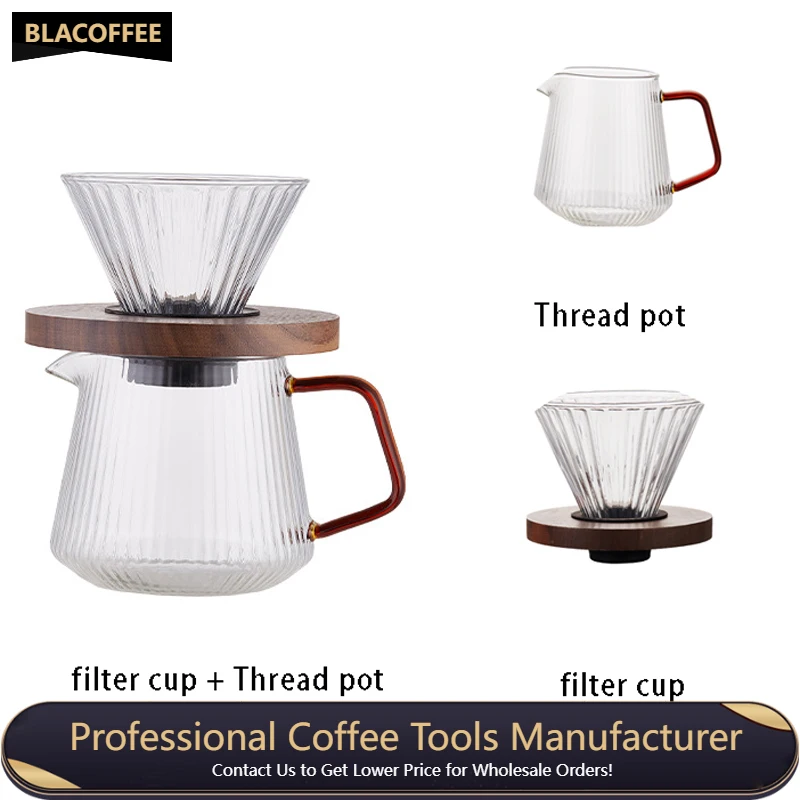 

Coffee Filter Cup Food Grade Spiral Glass Striped Cloud Coffee Drip Cup Retro Solid Wood Drip Filter Cup Sharing Pot Appliance