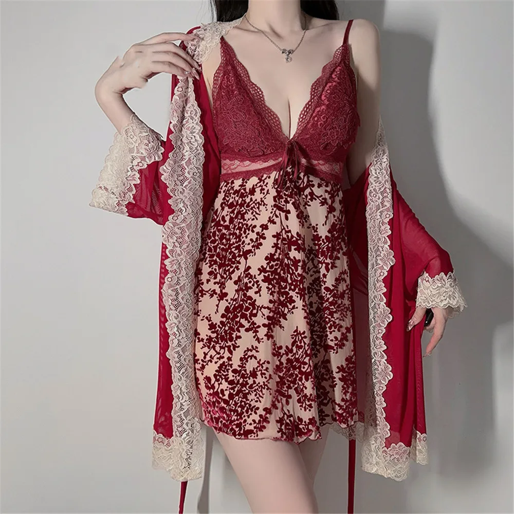 

Female 2PCS Robe Nightgown Set Pajama Sexy Suspender Nightdress Summer Kimono Bathrobe Gown Homewear Lounge Wear