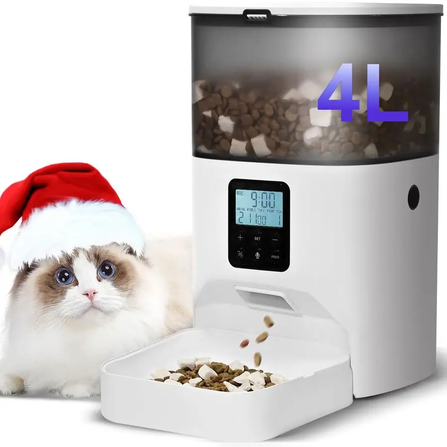 

Automatic Cat Feeder, 4L Cat Food Dispenser with 10s Voice Recorder, Pet Feeder up to 8 Meals per Day, Timed Dog Feeder with Dr