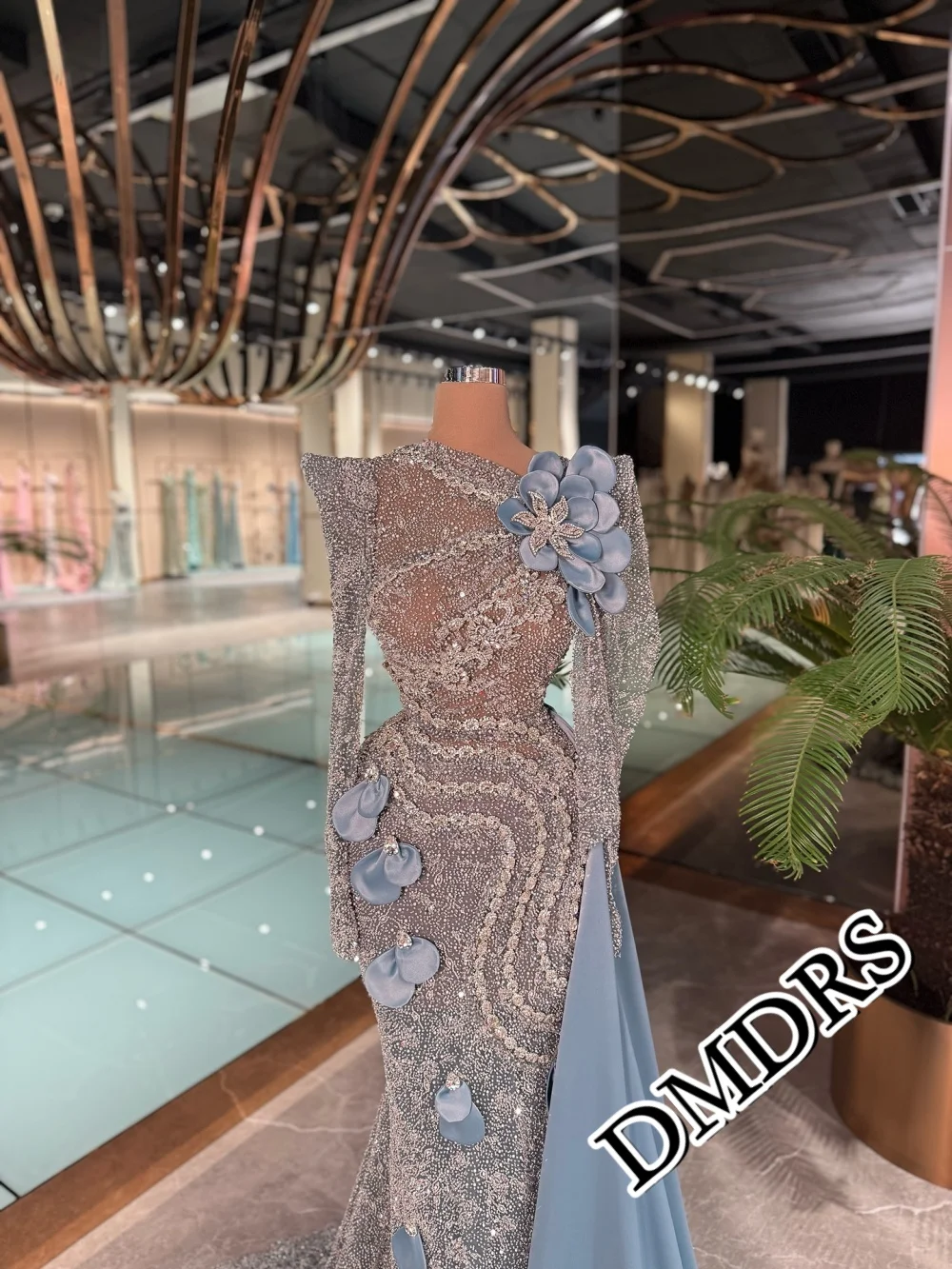 

Модное небесно-голубое вечернее платье с кристаллами, очаровательное вечернее платье трапециевидной формы с длинными рукавами для ужина, красная дорожка, свадебный гость