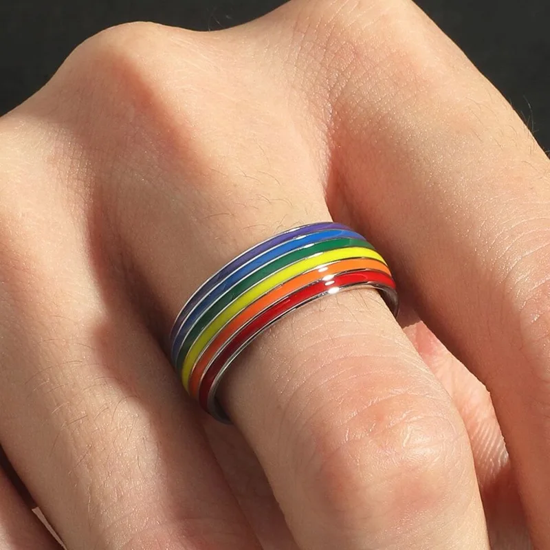 8MM Stainless Steel Multicolor Rainbow Ring LGBT Lebian Gay Finger Rings Jewelry Enamel Deco Engagement Wedding Party Gift