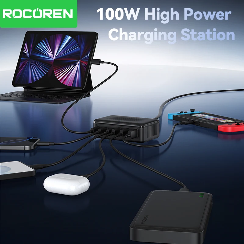 ที่ชาร์จ Rocoren USB 100W GaN ชาร์จเร็ว 6 พอร์ต แบบตั้งโต๊ะ ชาร์จเร็วแบบ Type C  สถานีพลังงานแบบพกพา สำหรับ iPhone 17 16 Xiaomi