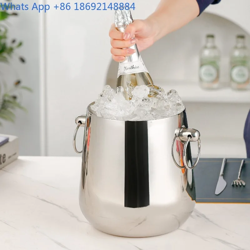 

European Style Stainless Steel Champagne KTV Bar Ice Cube Bucket Double Layer Thickened Wine Bucket Liquor Bucket Double Ring