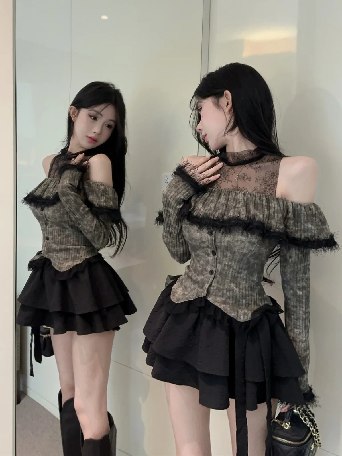 

Pure Desire Medieval Tassel Lace Splicing Women's Sweater Short Unique Slim Fit Shoulder Bared Autumn Winter Fashion Top