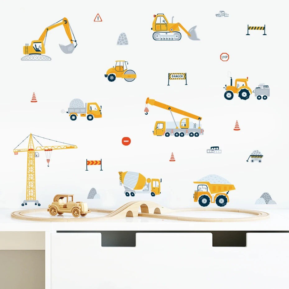 Cartoon Construction Vehicle Urban build Car Watercolor Nursery Stickers Wall Decals Print Kids Boys Room Interior Home Decor