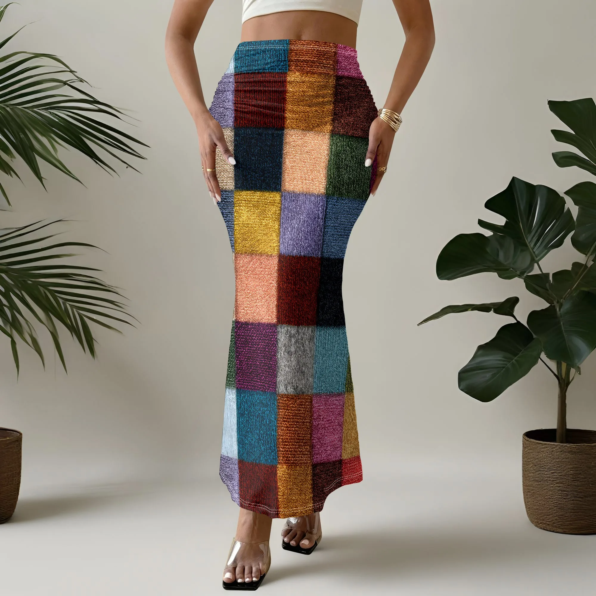 Colorful Plaid Mermaid Skirt, Printed Maxi Skirt, High Waist Long Skirt for Women Party Casual Wear S-2XL