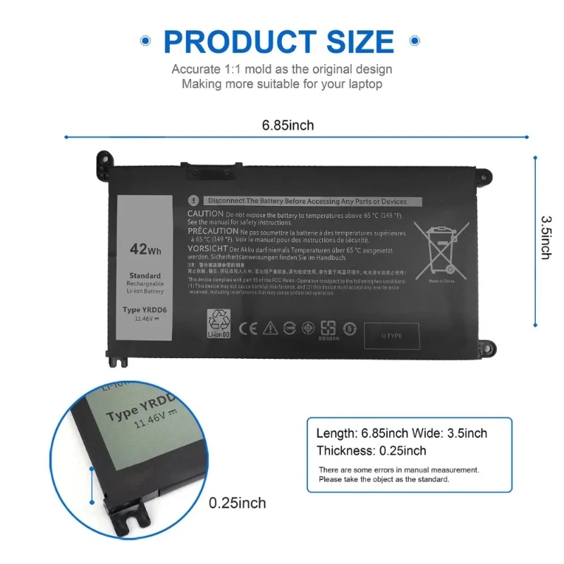 11.46V 42WH YRDD6 Laptop Battery for Dell Inspiron 5482 5485 5491 3310 3400 3493 3593 3793 5493 5585 5593 5480 5590 Vostro 5490