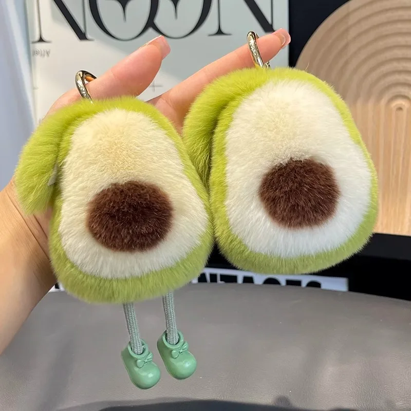 Real rabbit fur keychain cute avocado car key ring pendant internet celebrity plush doll toy backpack charm gift