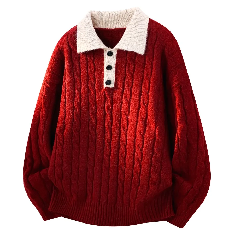 Autumn Winter 2026 New Fashion Brand Lapel Half Button Sweater for Men Loose  Versatile British Fried Dough Twists Knitwear