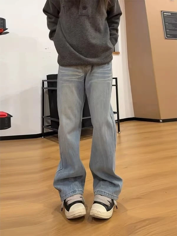 

Cleanfit Blue Lightning Pattern Men's Jeans mid Waist Straight Leg Loose Fit Durable Casual High Street Sle for All Seasons