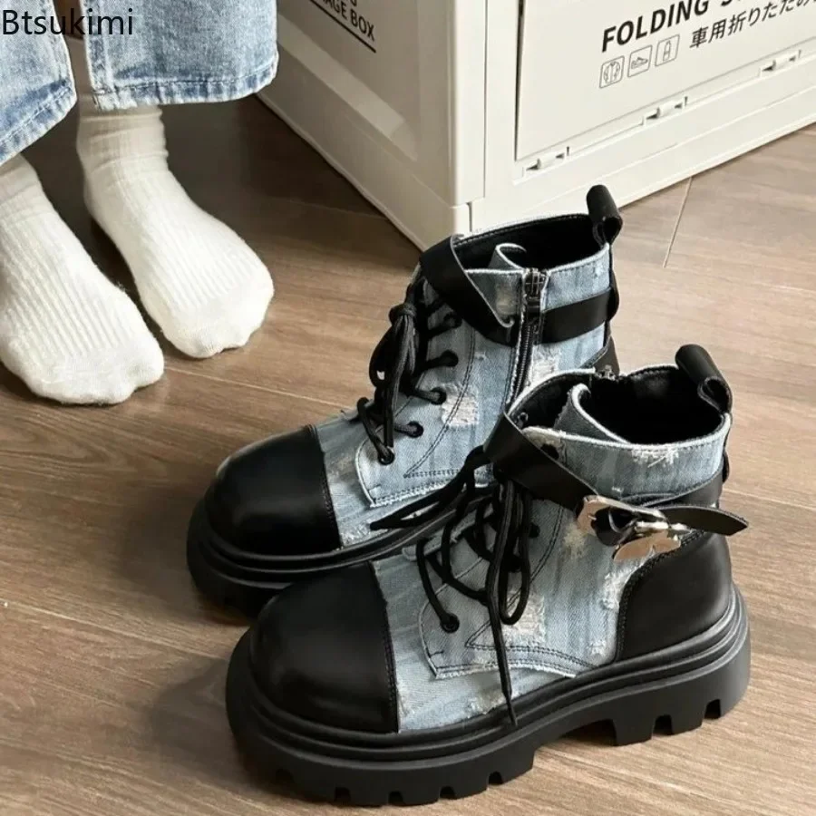 

New2024 Women's Raised Thick Soled Martin Boots Birtish Style Autumn Winter Thick Heels Short Boots Female Zipper Lace Up Boots