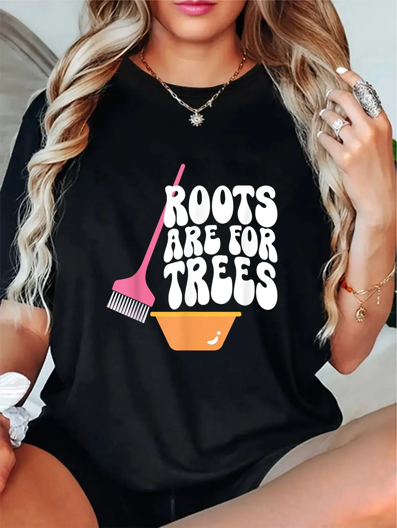 1pc Women'S Cotton Crew Neck T-Shirt with "Roots Are For Trees" Hair Color Stylist Slogan, Casual Alphabet Pattern Tee