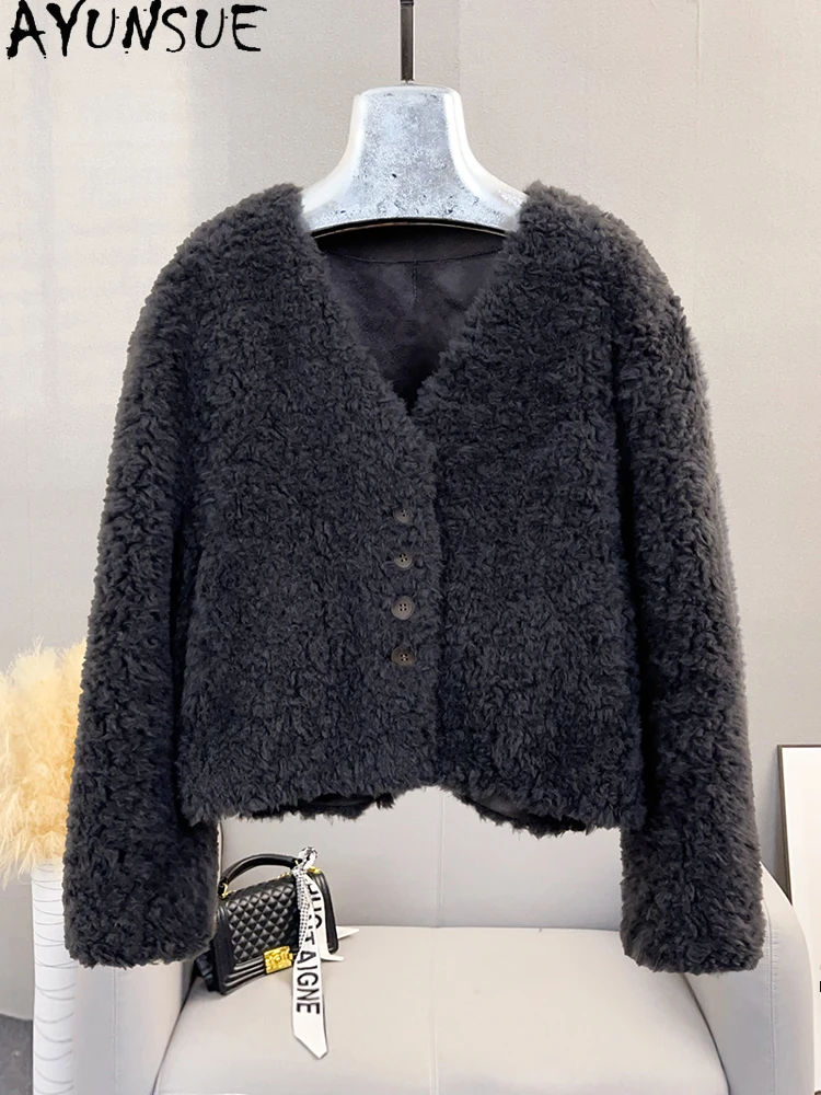 AYUNSUE 100% 천연 양모 여성 자켓 v 넥 짧은 양 모피 자켓 여성 의류 가을 겨울 겉옷의 새로운 Abrigo Mujer