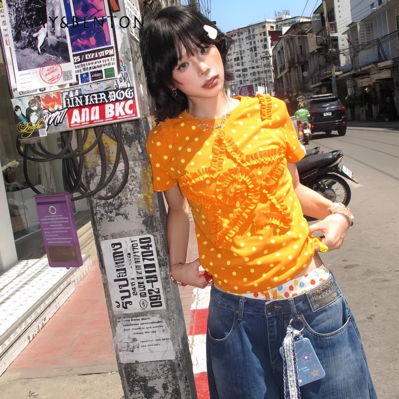 

Orange Polka Dot Ruffle Edge Women's Short-sleeved T-shirt 2026 Summer New Korean Design Versatile Age-reducing T-shirts Ladies
