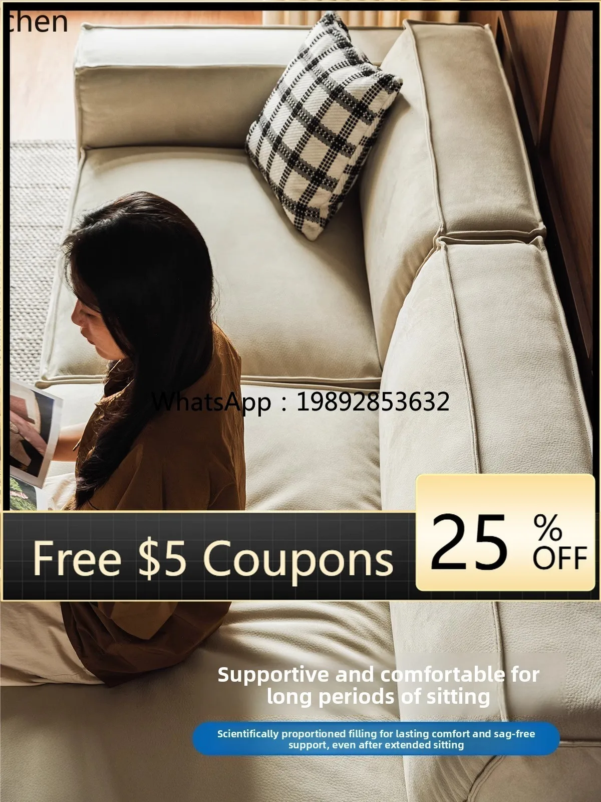 

Cream Style Tofu Block Fabric Sofa Living Room Corner Straight Row Three-Seater Modular Sofa