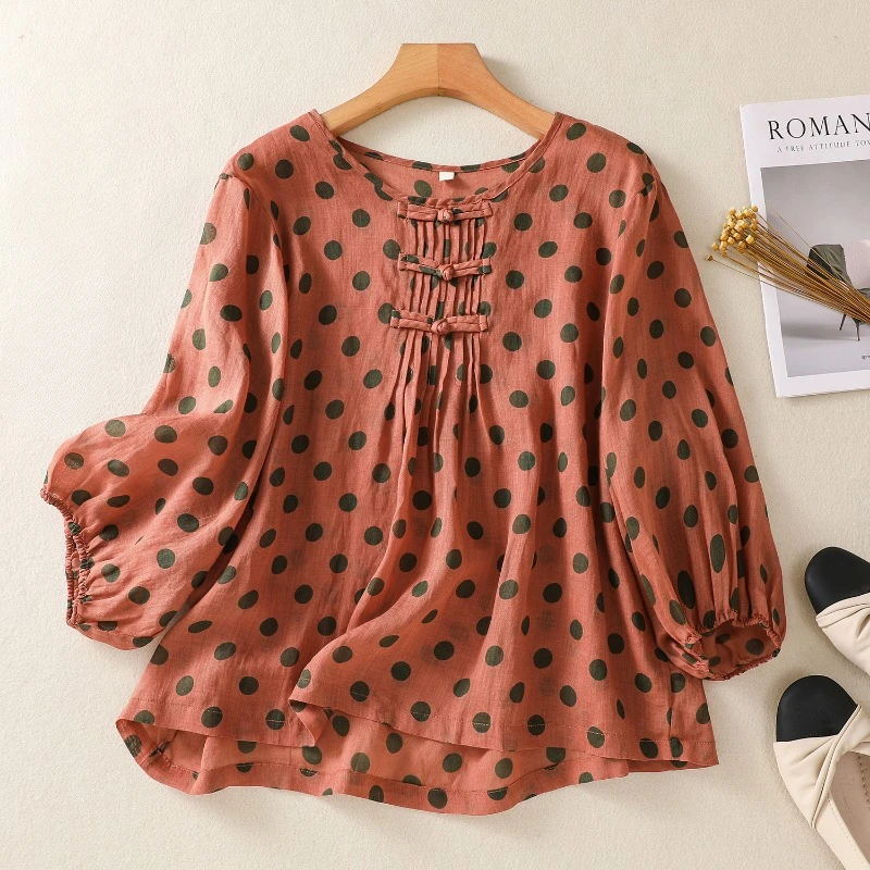 Polka Dots Chiński Styl Bluzki Damskie Letnie Bawełniane Topy Konopie Odzież Vintage Sprzedaż Luźne Koreańskie Koszule Damskie z Krótkim Rękawem