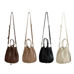 E74B 2023 PU Bucket Bag Handbag Crossbody Bag Versatile Pleated Shoulder Bag for Girl Women Large Capacity Vintage Tote Bag