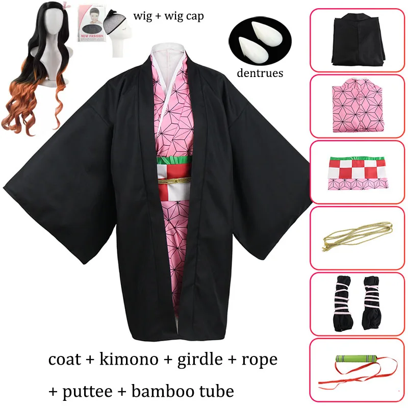 

Nezuko Cosplay Costume Devil Hunter Kamado Nezuko Kimono Wig Women Girl Uniform Halloween Carnival Anime Party Role Play Clothes