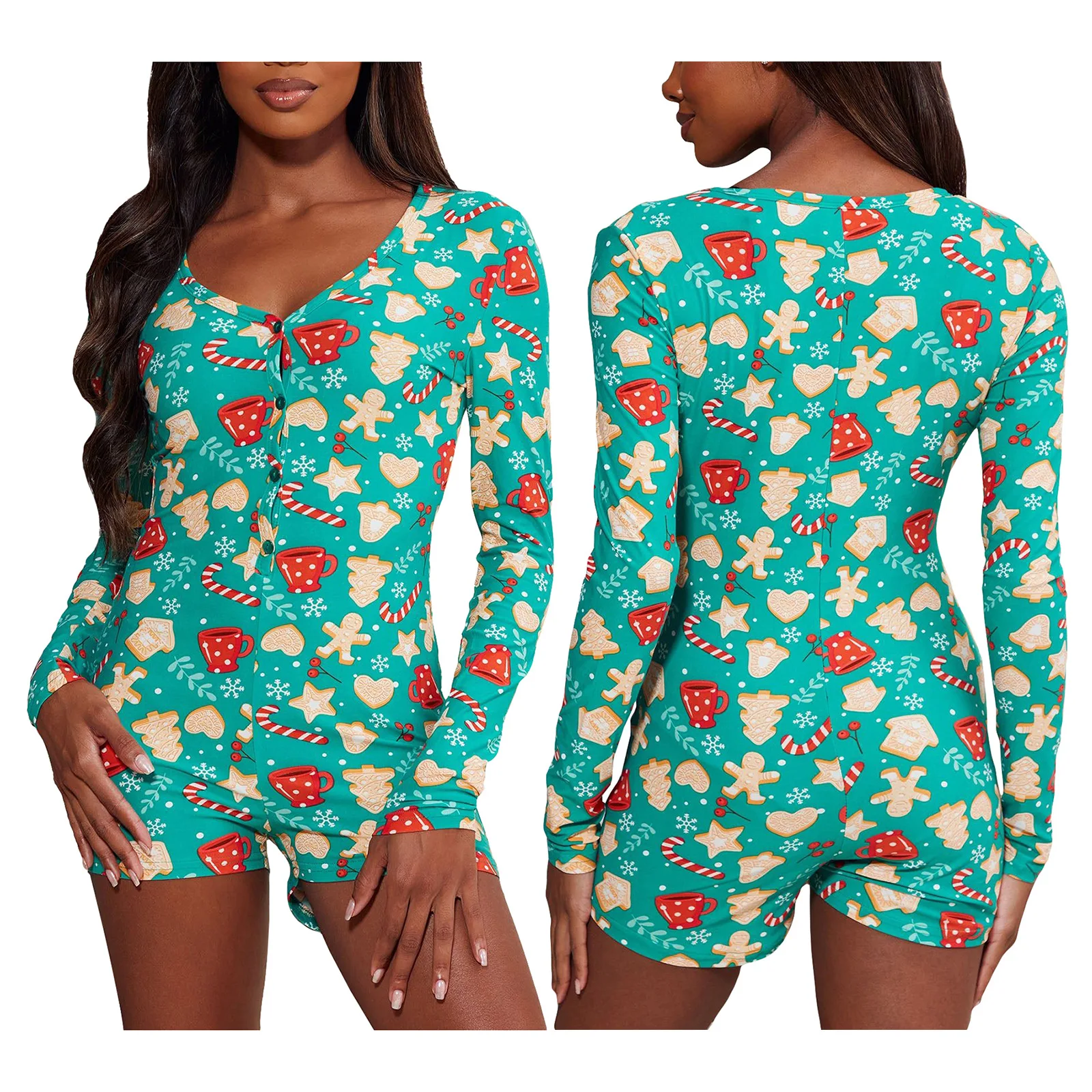 Women Jumpsuit 2025 Spring New Christmas Digital Printed V-neck Long Sleeve Casual Button Design Skinny Daily Romper