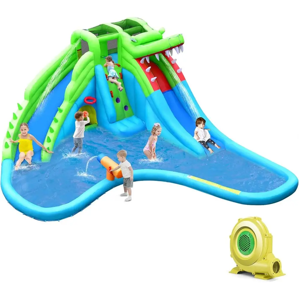 Dmuchane zjeżdżalnie wodne dla dzieci, 7 w 1 Krokodyl Splash n Slide Zamek Wodny z ścianą do wspinaczki i długim zjeżdżalniami, tunel do raczkowania i Spl